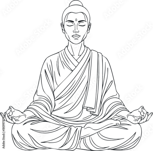 Outline vector illustration of a meditating Buddha figure in a serene pose for wellness and spirituality designs