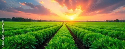 Vast expanse of lush green plantation land, rows of crops stretching to the horizon under a vibrant sky Perfect for agriculture, farming, and environmental themes , rural, abundant