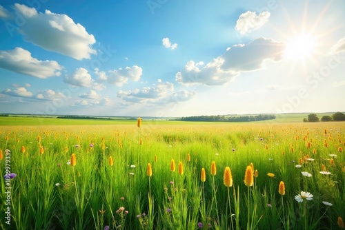 Vast expanse of tallgrass prairie swaying gently in the breeze, wildflowers blooming, sunlight illuminating the scene A breathtaking display of untouched nature , biodiversity, sunlight, ecosystem