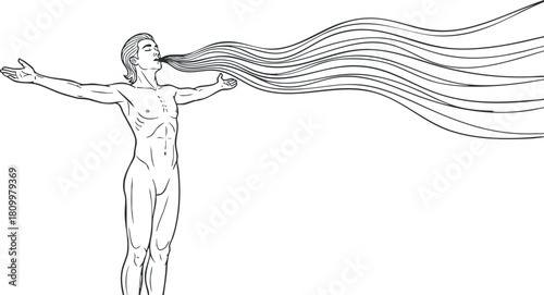 Outline vector illustration of a human figure embracing freedom with flowing lines representing breath and energy for wellness concepts