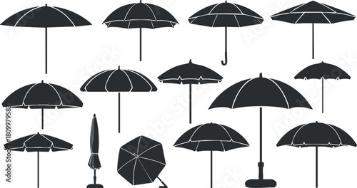 Silhouette vector icon set showcasing various styles of umbrellas for design and branding projects