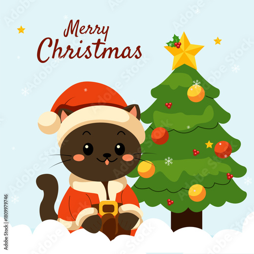 A cute dark-furred cat dressed in a Santa outfit sits happily in the snow beside a decorated Christmas tree. Snowflakes fall softly, creating a warm and festive holiday scene.