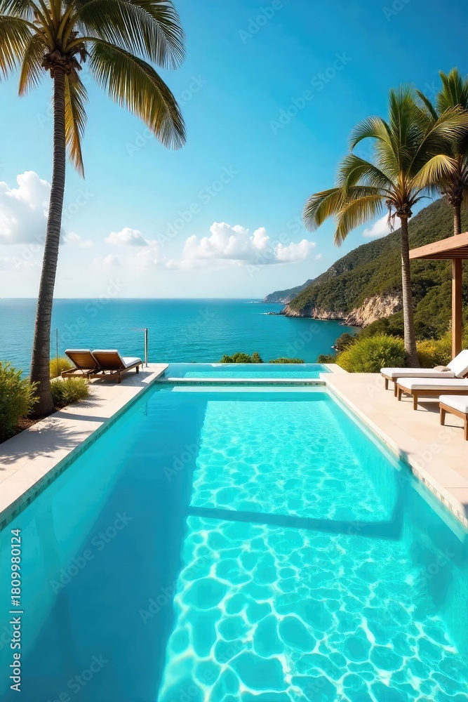 Fototapeta premium Sun-Drenched Turquoise Pool Crystal Clear Water Shimmers, Perfect for Summer Relaxation and Leisure