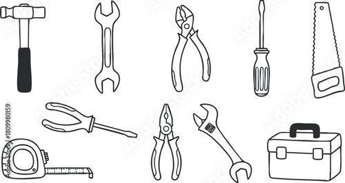 Outline vector icon set of various hand tools including hammer, wrench, pliers, screwdriver, and toolbox for DIY projects