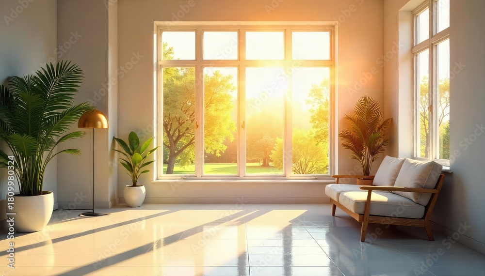 Fototapeta premium Warm sunlight streams through a large window illuminating a bright and welcoming interior space, perfect for a fresh start , serene, building, optimism
