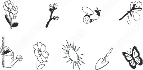 Minimalist black and white vector icon set featuring gardening elements including flowers, bees, and tools for nature-themed projects