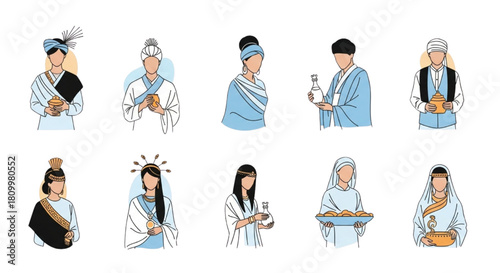 Traditional Cultural Offering Characters – Faceless Ritual Attire Vector Illustration Set