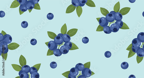 Fresh and sweet seamless blueberry pattern with vibrant blue berries and green leaves scattered across a light blue background design.