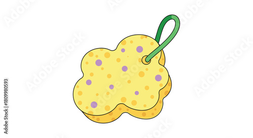 Cute cartoon yellow bath sponge with a green loop for hanging and decorative dots for shower and spa use isolated on a white background.