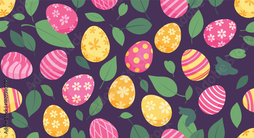 Festive seamless Easter pattern with beautifully decorated pink and yellow eggs nestled among green leaves on a dark purple background.