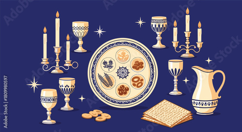 Traditional Passover Seder table elements including the Seder plate matzah and wine goblets against a starry dark blue background.