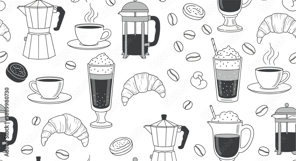 Obraz premium Seamless black and white pattern of hand-drawn coffee shop items including croissants coffee cups and beans for a cafe background.