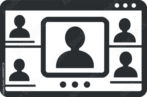 Flat design vector illustration of a video conference interface showing multiple user avatars for online meetings.