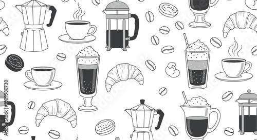 Seamless black and white pattern of hand-drawn coffee shop items including croissants coffee cups and beans for a cafe background.