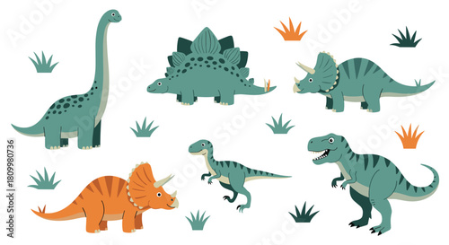 Adorable collection of six friendly cartoon dinosaurs including a T-Rex and Triceratops for cute prehistoric-themed children's designs.
