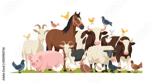 Large and diverse group of friendly farm animals including a horse cow pig and sheep gathered together on a white background.
