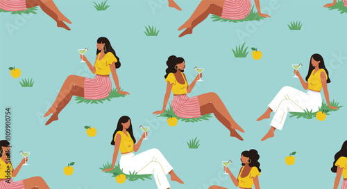 Stylish seamless pattern of fashionable women relaxing with cocktails on a grassy lawn for a chic summer-themed textile design.