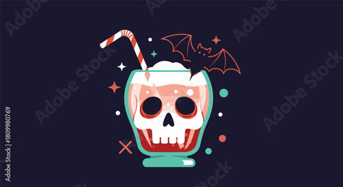 Spooky Halloween cocktail served in a skull-shaped glass with a flying bat and festive sparkles on a dark blue background.