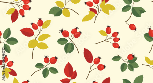 Elegant seamless autumn pattern with detailed rosehip branches red berries and colorful leaves on a light cream background design.