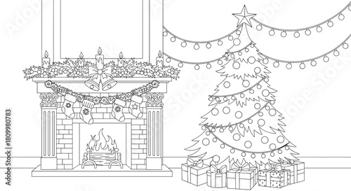 Detailed Christmas coloring page of a cozy room with a decorated fireplace stockings and a festive tree with many presents.
