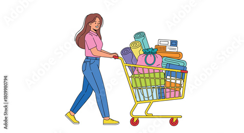 Happy young woman pushing a shopping cart filled to the brim with various household textiles and goods during a shopping trip.