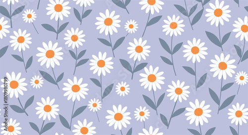 Simple and sweet seamless floral pattern of white daisy chamomile flowers on a lovely light purple background for textile design.