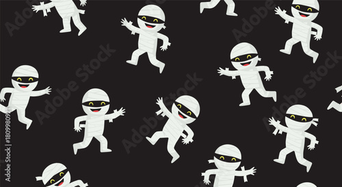 Fun and spooky seamless Halloween pattern with cute cartoon mummies running and waving on a solid black background for kids.
