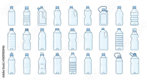 Large set of various empty plastic bottles in a clean blue outline style representing different shapes and sizes for recycling concepts.