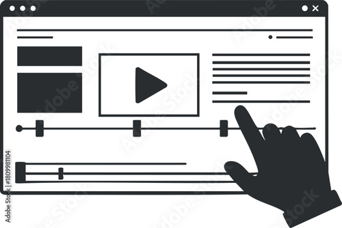 Modern flat design vector illustration of a video player interface with hand control for web and app design projects