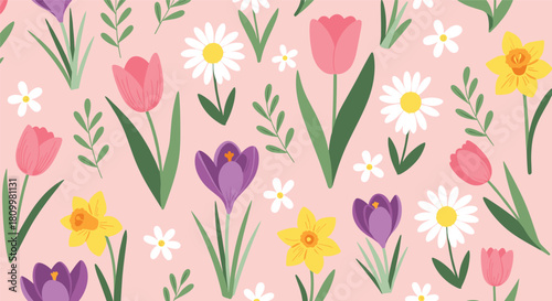 Delightful seamless spring floral pattern features colorful tulips daisies daffodils and crocuses on a lovely pink background.