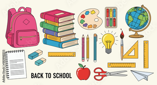 Colorful collection of back to school supplies including a backpack books globe and stationery on a light colored background.