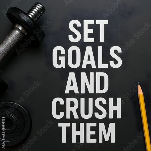 “Motivational Fitness Quote with Dumbbell on Dark Background – Set Goals and Crush Them”