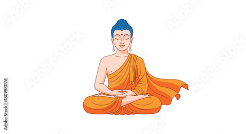 Illustration of a serene Buddha with blue hair and orange robes meditating in the lotus position with eyes closed.
