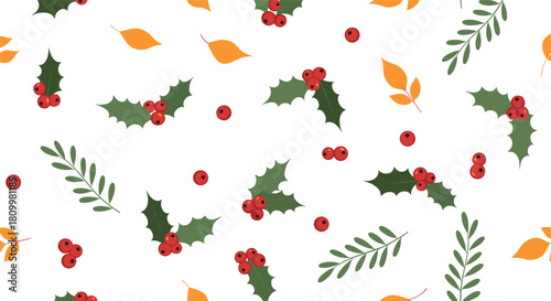Simple and elegant seamless Christmas pattern with holly leaves red berries and other foliage on a clean white background.
