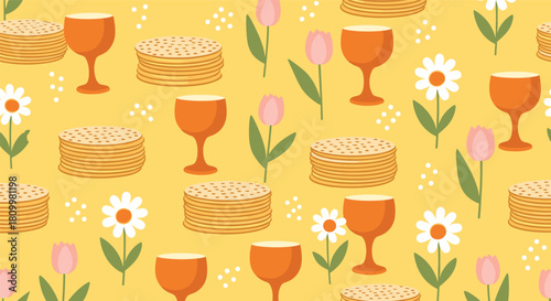Cheerful seamless pattern for the Jewish holiday of Passover with matzah bread wine goblets and spring flowers.