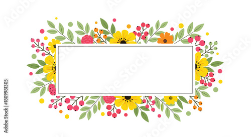 Rectangular white frame beautifully decorated with a border of colorful summer flowers berries and green leaves.