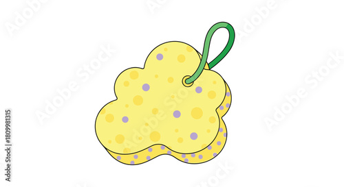 Simple cartoon illustration of a yellow and purple porous bath sponge with a green loop for hanging on a white background.