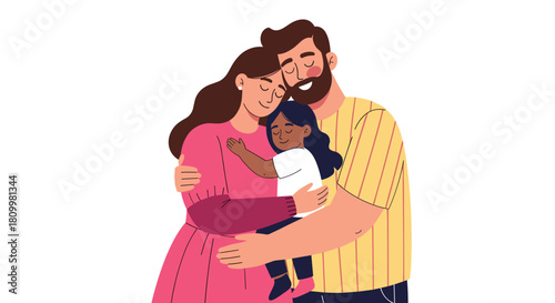 Loving and diverse family with a mother father and their adopted daughter share a warm group hug with their eyes closed.