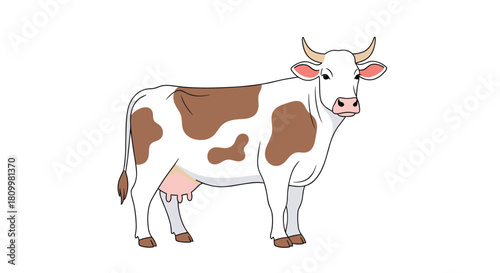 Full body illustration of a white and brown spotted dairy cow standing patiently on a clean white background.