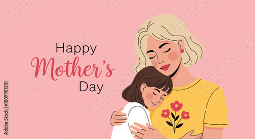 Loving mother gently embracing her young daughter in a tender hug for a happy mother's day greeting card design.