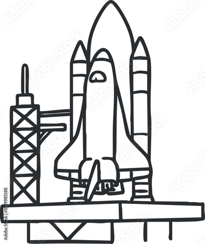 Simple line art illustration of a rocket on a launchpad, ideal for space exploration and technology projects.