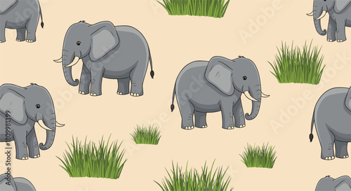 Seamless pattern of cute cartoon elephants with tusks standing next to patches of green grass on a beige background.
