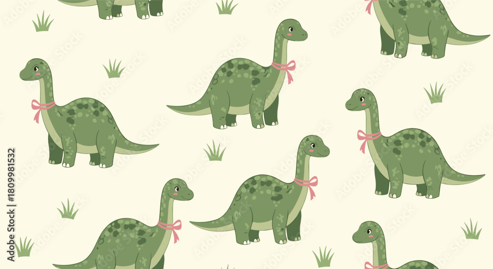 Obraz premium Adorable seamless pattern for children featuring cute green brachiosaurus dinosaurs with pink ribbons on their necks.