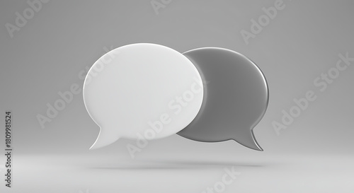 Dialoguing Icons: Two minimalist speech bubbles, one in serene white and the other in a tranquil gray, converse against a smooth background.