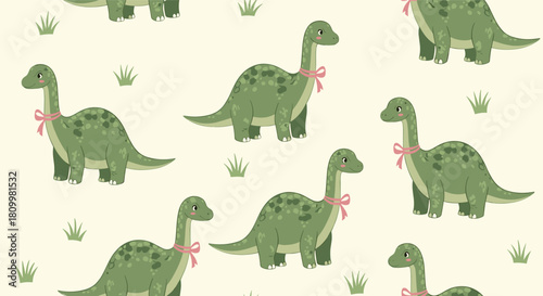 Adorable seamless pattern for children featuring cute green brachiosaurus dinosaurs with pink ribbons on their necks.