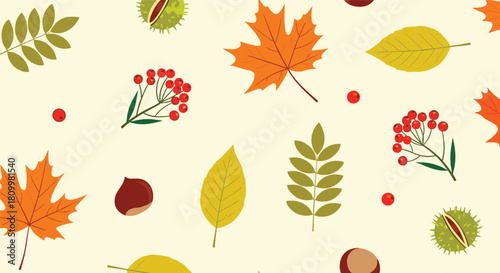 Seamless autumn pattern with colorful maple and oak leaves chestnuts and rowan berries on a light yellow background.