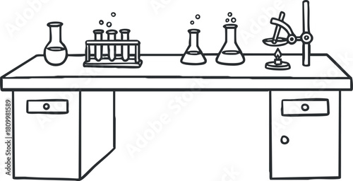 Outline vector illustration of a laboratory workspace featuring test tubes, beakers, and scientific equipment for educational and research purposes