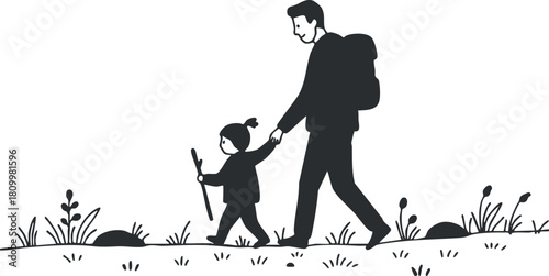 Minimalist black and white vector illustration of a father and child hiking together in nature