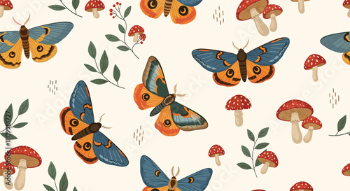 Mystical seamless pattern with colorful moths red toadstool mushrooms and green foliage on a light cream background.