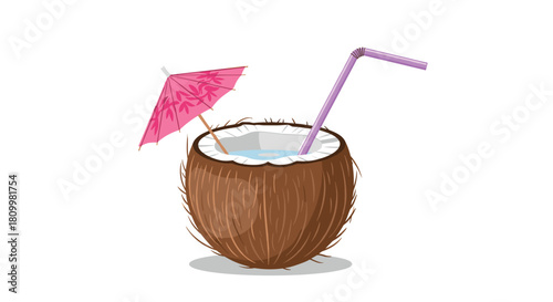 Tropical coconut cocktail drink served in a fresh coconut shell with a purple straw and a small pink paper umbrella.